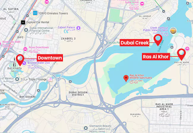 Location and proximity to major landmarks in Dubai.